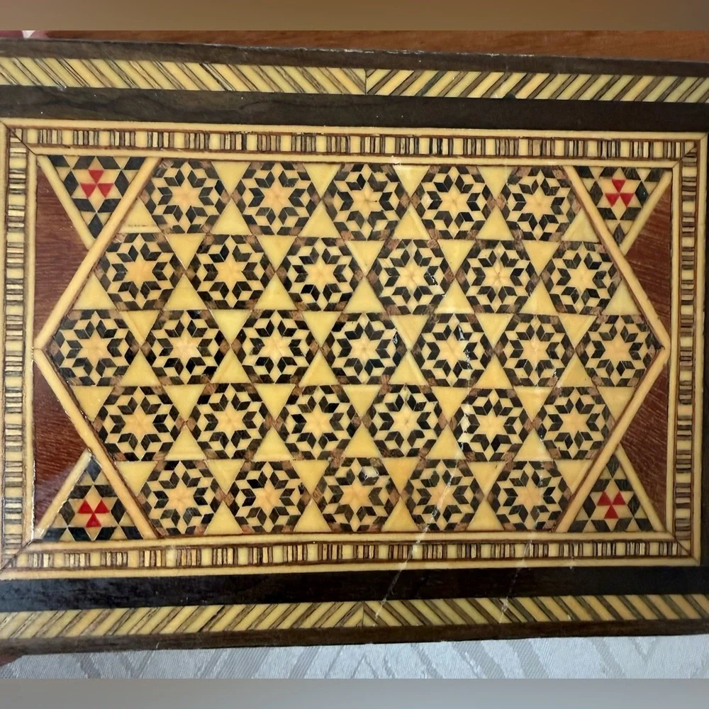 VTG Trinket Jewelry Wooden Box Inlay Mosaic Geometric